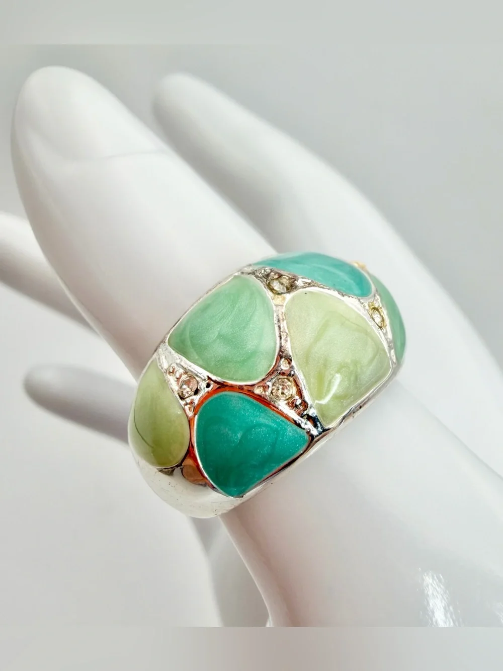 Silver Tone Green Mosaic Enamel Dome Ring